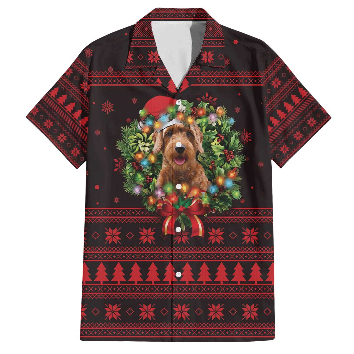 Wreath and Santa Dog in Red Family Matching Off The Shoulder Long Sleeve Dress and Hawaiian Shirt with Black Holiday Pattern Design - Wonder Print Shop