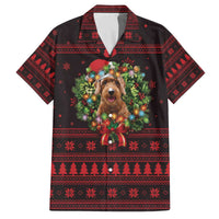 Wreath and Santa Dog in Red Family Matching Off The Shoulder Long Sleeve Dress and Hawaiian Shirt with Black Holiday Pattern Design - Wonder Print Shop