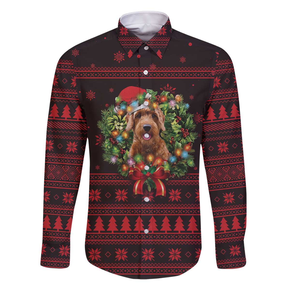 Wreath and Santa Dog in Red Family Matching Off The Shoulder Long Sleeve Dress and Hawaiian Shirt with Black Holiday Pattern Design - Wonder Print Shop