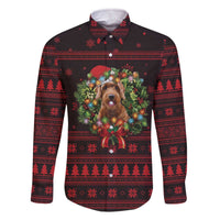 Wreath and Santa Dog in Red Family Matching Off The Shoulder Long Sleeve Dress and Hawaiian Shirt with Black Holiday Pattern Design - Wonder Print Shop