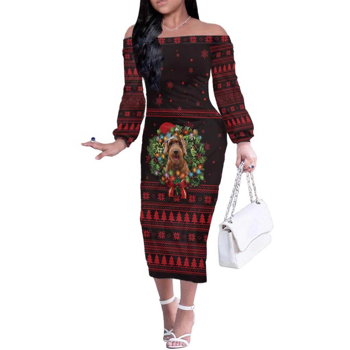 Wreath and Santa Dog in Red Family Matching Off The Shoulder Long Sleeve Dress and Hawaiian Shirt with Black Holiday Pattern Design - Wonder Print Shop