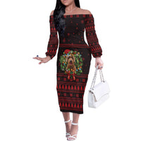 Wreath and Santa Dog in Red Family Matching Off The Shoulder Long Sleeve Dress and Hawaiian Shirt with Black Holiday Pattern Design - Wonder Print Shop