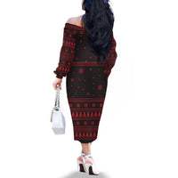 Wreath and Santa Dog in Red Family Matching Off The Shoulder Long Sleeve Dress and Hawaiian Shirt with Black Holiday Pattern Design - Wonder Print Shop