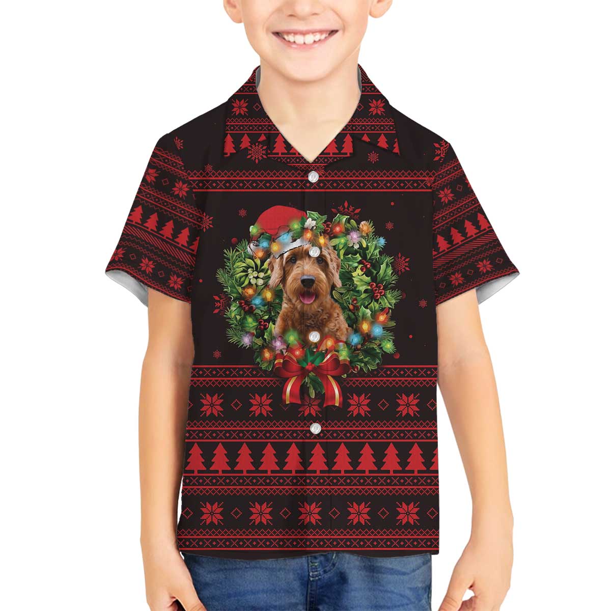 Wreath and Santa Dog in Red Family Matching Off The Shoulder Long Sleeve Dress and Hawaiian Shirt with Black Holiday Pattern Design - Wonder Print Shop