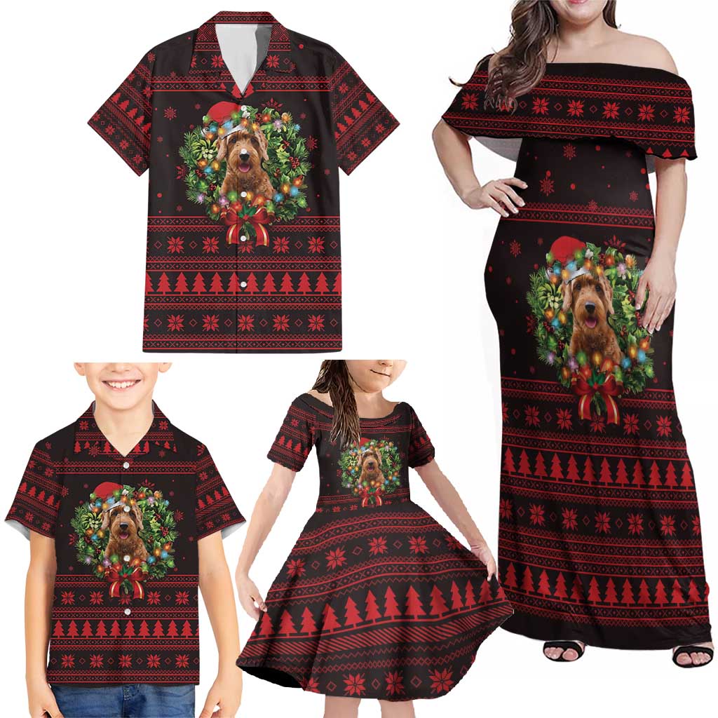 Wreath and Santa Dog in Red Family Matching Off Shoulder Maxi Dress and Hawaiian Shirt with Black Holiday Pattern Design - Wonder Print Shop