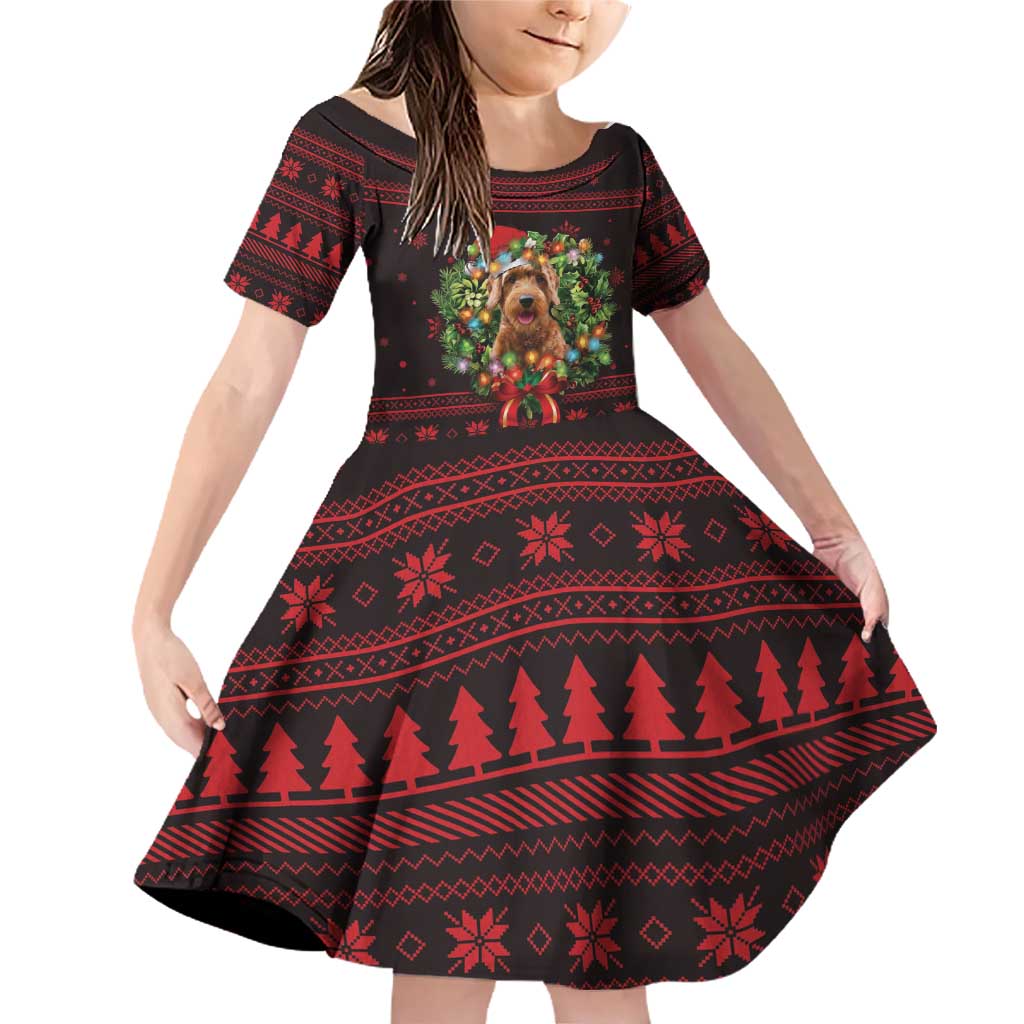 Wreath and Santa Dog in Red Family Matching Off Shoulder Short Dress and Hawaiian Shirt with Black Holiday Pattern Design - Wonder Print Shop