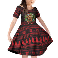 Wreath and Santa Dog in Red Family Matching Off Shoulder Short Dress and Hawaiian Shirt with Black Holiday Pattern Design - Wonder Print Shop