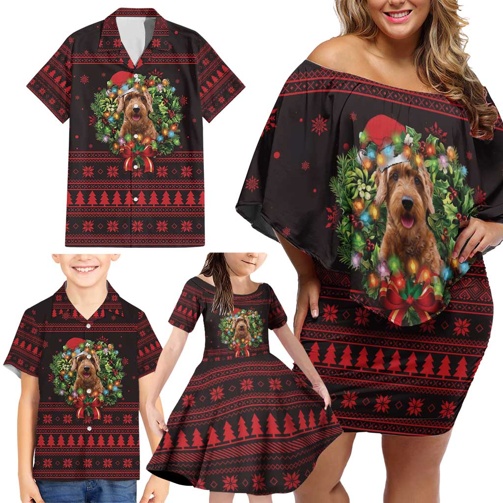 Wreath and Santa Dog in Red Family Matching Off Shoulder Short Dress and Hawaiian Shirt with Black Holiday Pattern Design - Wonder Print Shop