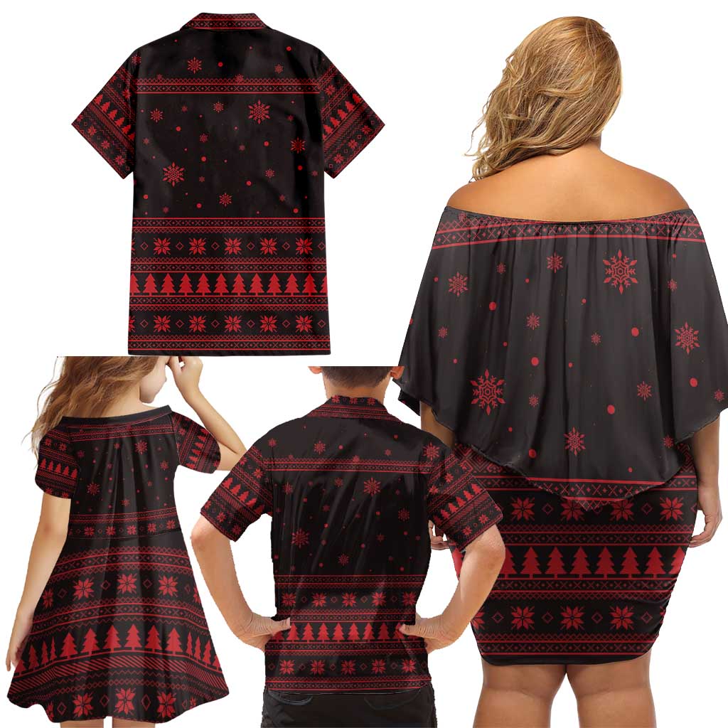 Wreath and Santa Dog in Red Family Matching Off Shoulder Short Dress and Hawaiian Shirt with Black Holiday Pattern Design - Wonder Print Shop