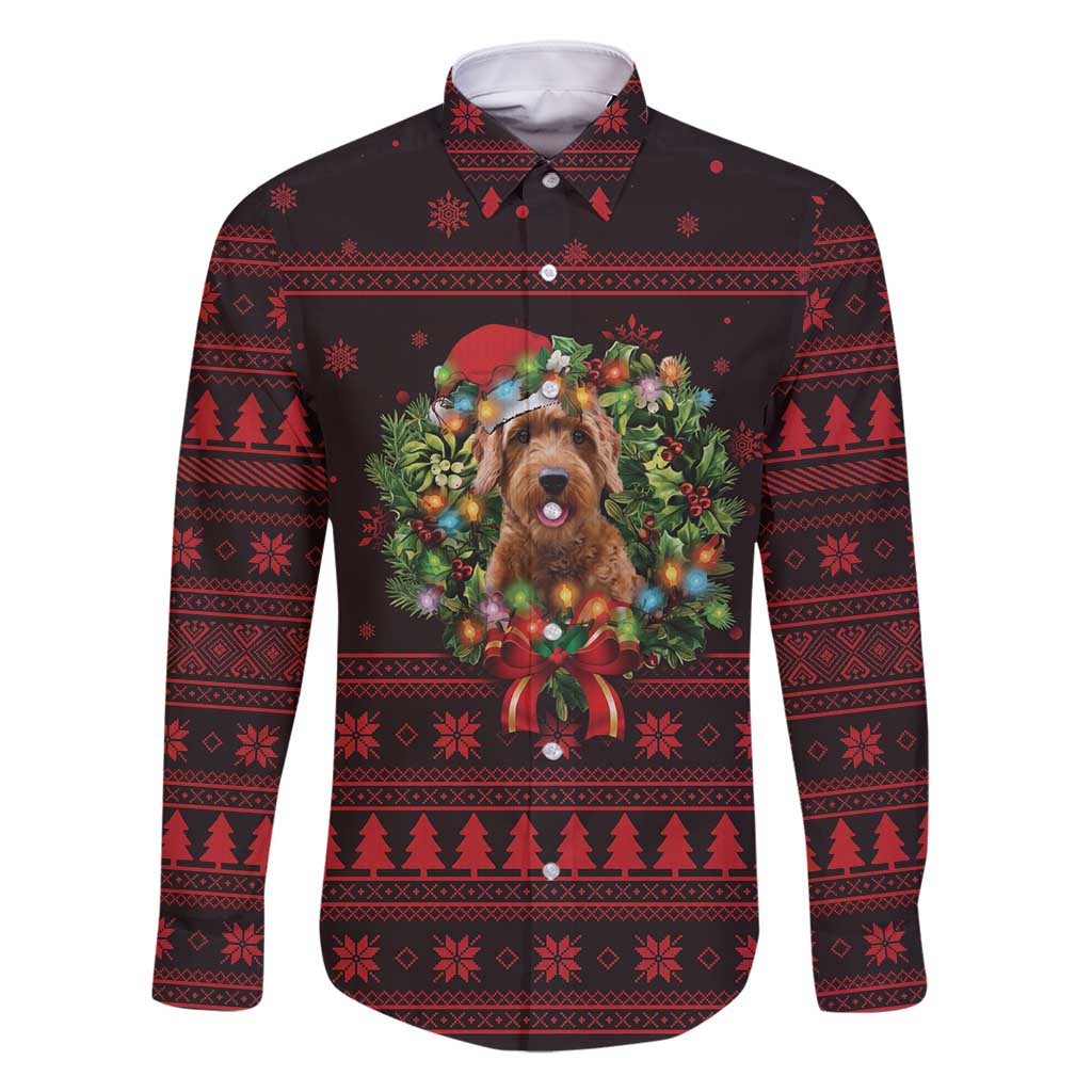 Wreath and Santa Dog in Red Family Matching Off Shoulder Short Dress and Hawaiian Shirt with Black Holiday Pattern Design - Wonder Print Shop