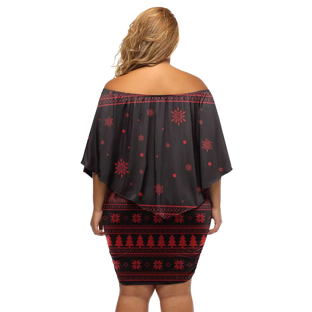 Wreath and Santa Dog in Red Family Matching Off Shoulder Short Dress and Hawaiian Shirt with Black Holiday Pattern Design - Wonder Print Shop