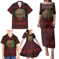 Wreath and Santa Dog in Red Family Matching Puletasi and Hawaiian Shirt with Black Holiday Pattern Design - Wonder Print Shop