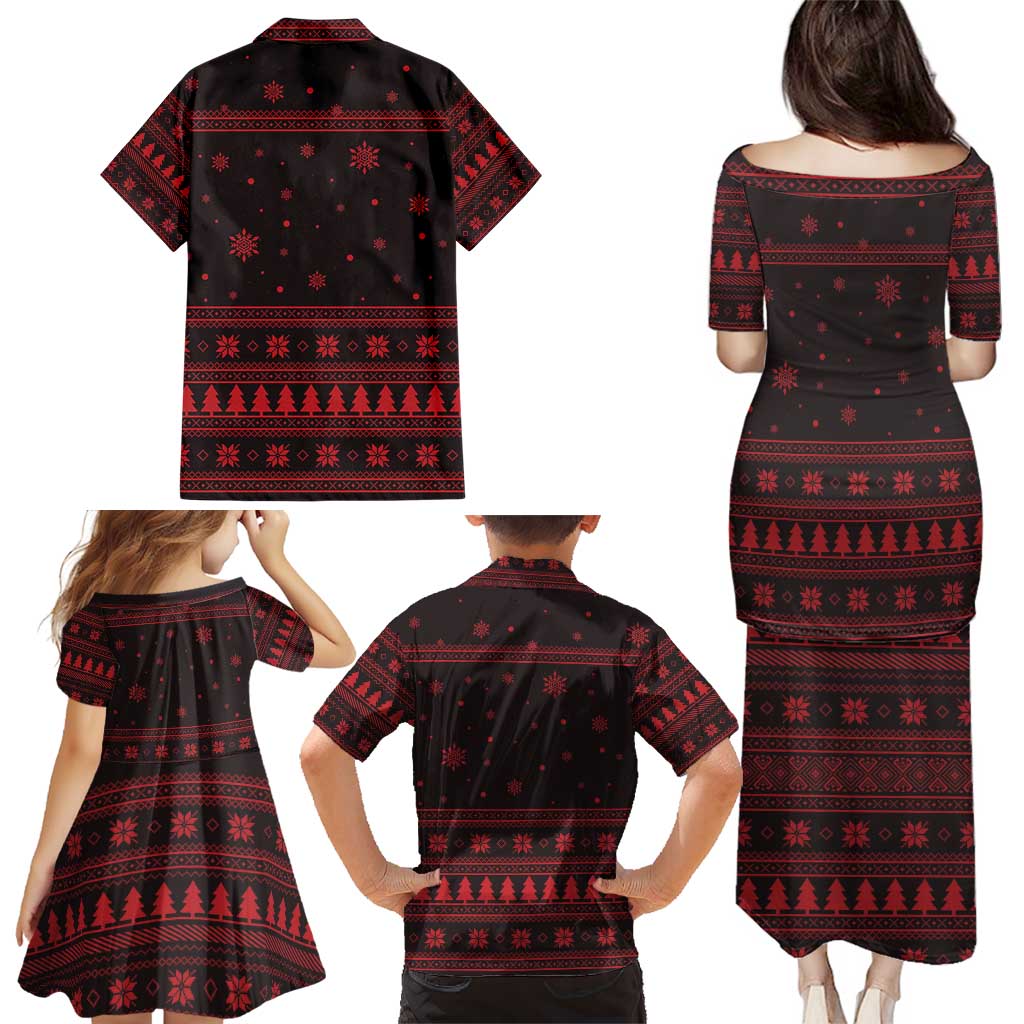 Wreath and Santa Dog in Red Family Matching Puletasi and Hawaiian Shirt with Black Holiday Pattern Design - Wonder Print Shop