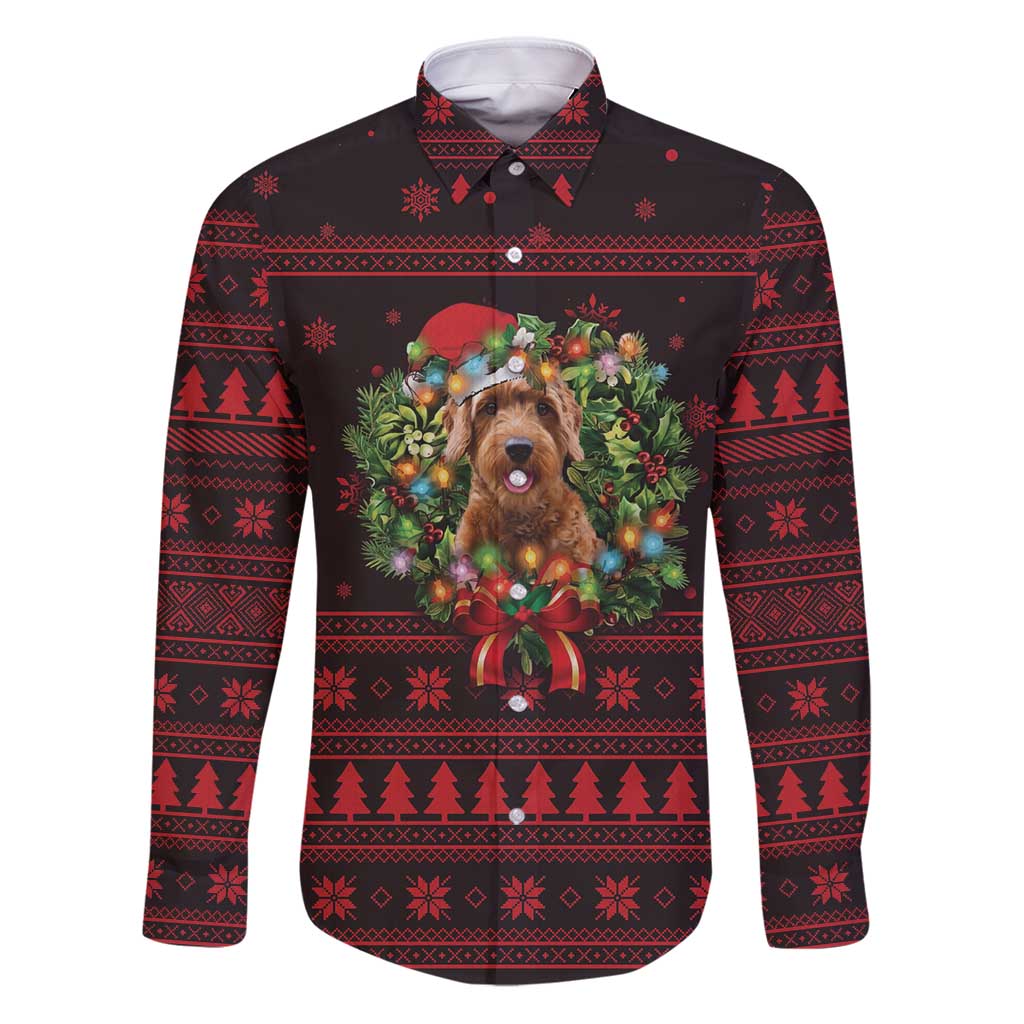 Wreath and Santa Dog in Red Family Matching Puletasi and Hawaiian Shirt with Black Holiday Pattern Design - Wonder Print Shop
