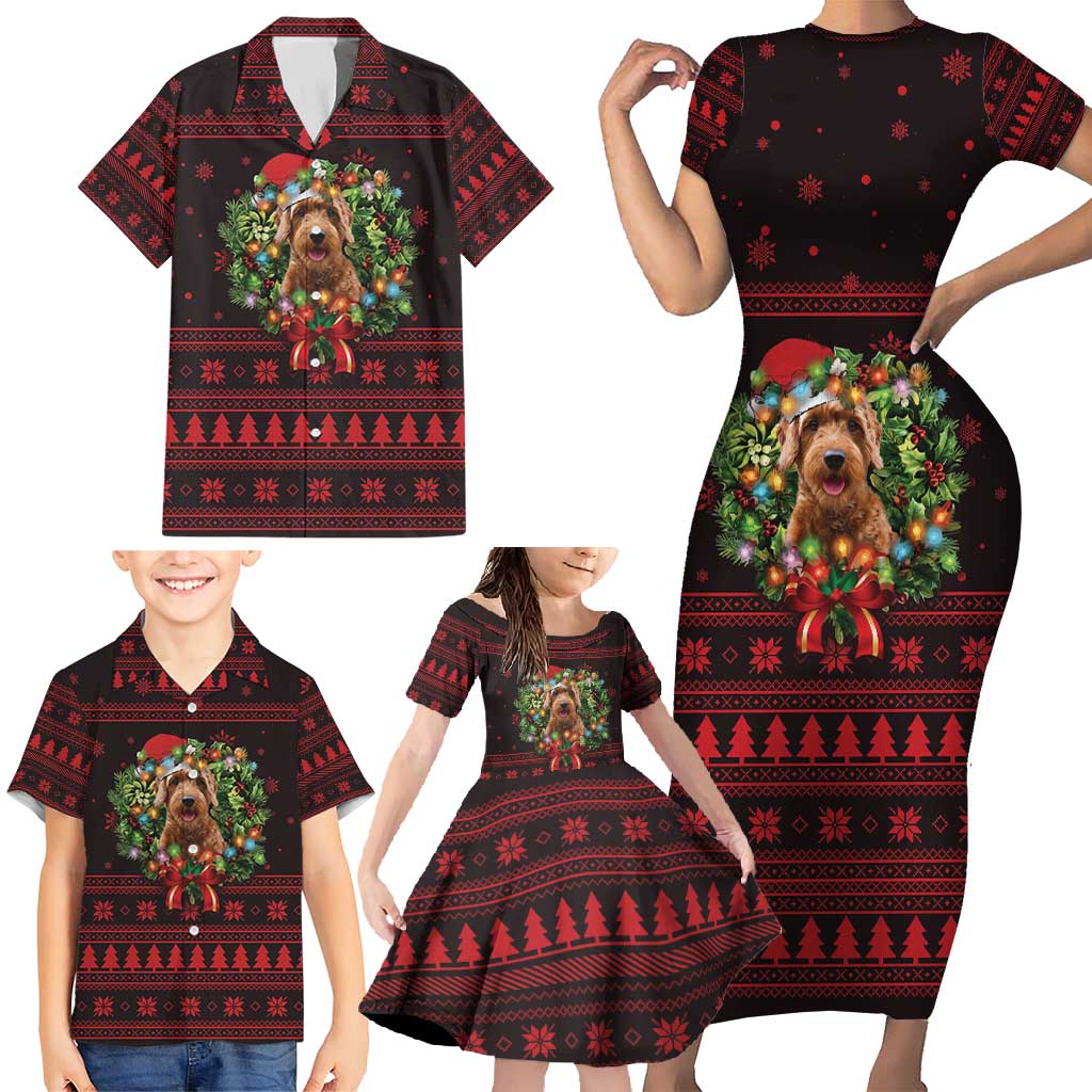 Wreath and Santa Dog in Red Family Matching Short Sleeve Bodycon Dress and Hawaiian Shirt with Black Holiday Pattern Design - Wonder Print Shop