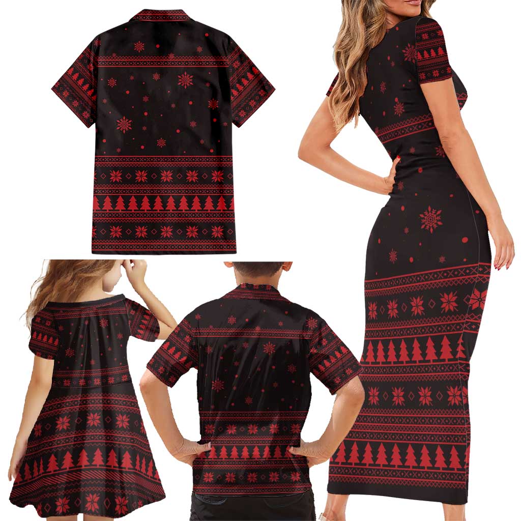 Wreath and Santa Dog in Red Family Matching Short Sleeve Bodycon Dress and Hawaiian Shirt with Black Holiday Pattern Design - Wonder Print Shop