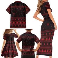 Wreath and Santa Dog in Red Family Matching Short Sleeve Bodycon Dress and Hawaiian Shirt with Black Holiday Pattern Design - Wonder Print Shop