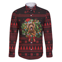 Wreath and Santa Dog in Red Family Matching Short Sleeve Bodycon Dress and Hawaiian Shirt with Black Holiday Pattern Design - Wonder Print Shop