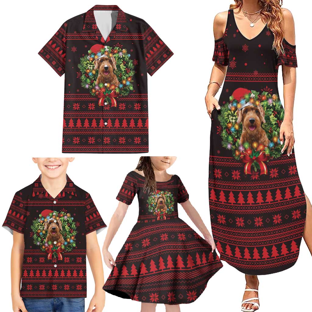 Wreath and Santa Dog in Red Family Matching Summer Maxi Dress and Hawaiian Shirt with Black Holiday Pattern Design - Wonder Print Shop
