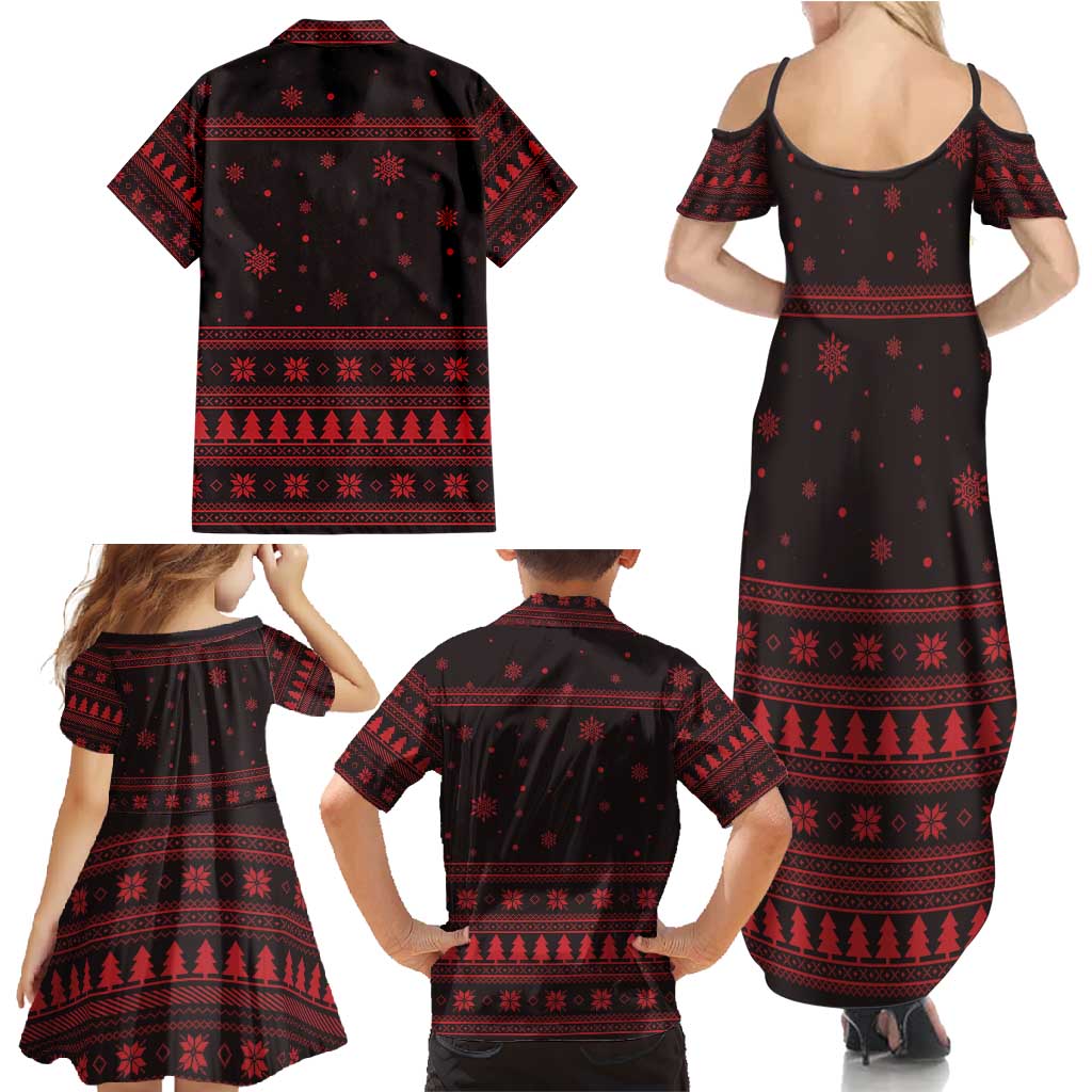 Wreath and Santa Dog in Red Family Matching Summer Maxi Dress and Hawaiian Shirt with Black Holiday Pattern Design - Wonder Print Shop