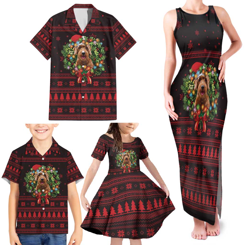 Wreath and Santa Dog in Red Family Matching Tank Maxi Dress and Hawaiian Shirt with Black Holiday Pattern Design - Wonder Print Shop