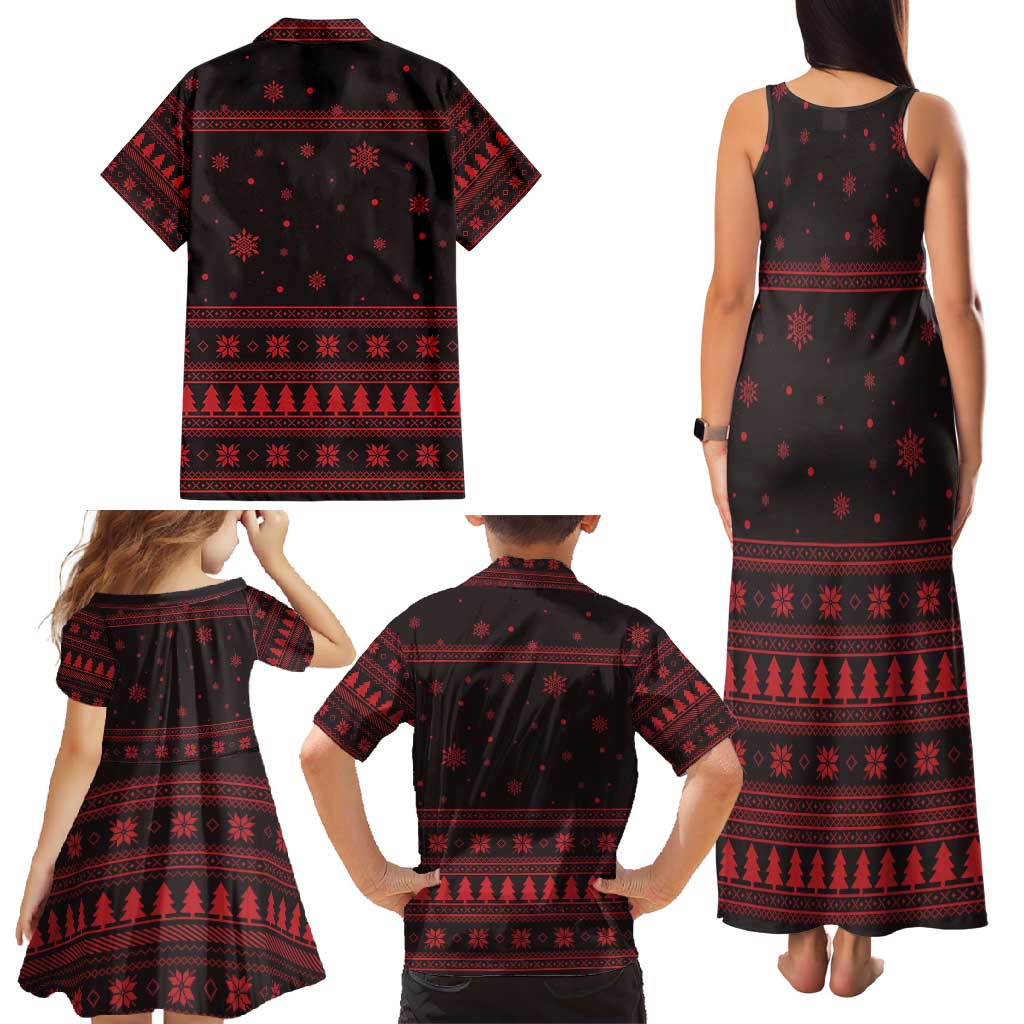 Wreath and Santa Dog in Red Family Matching Tank Maxi Dress and Hawaiian Shirt with Black Holiday Pattern Design - Wonder Print Shop