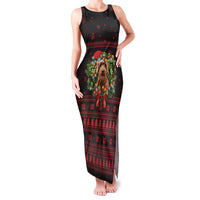 Wreath and Santa Dog in Red Family Matching Tank Maxi Dress and Hawaiian Shirt with Black Holiday Pattern Design - Wonder Print Shop