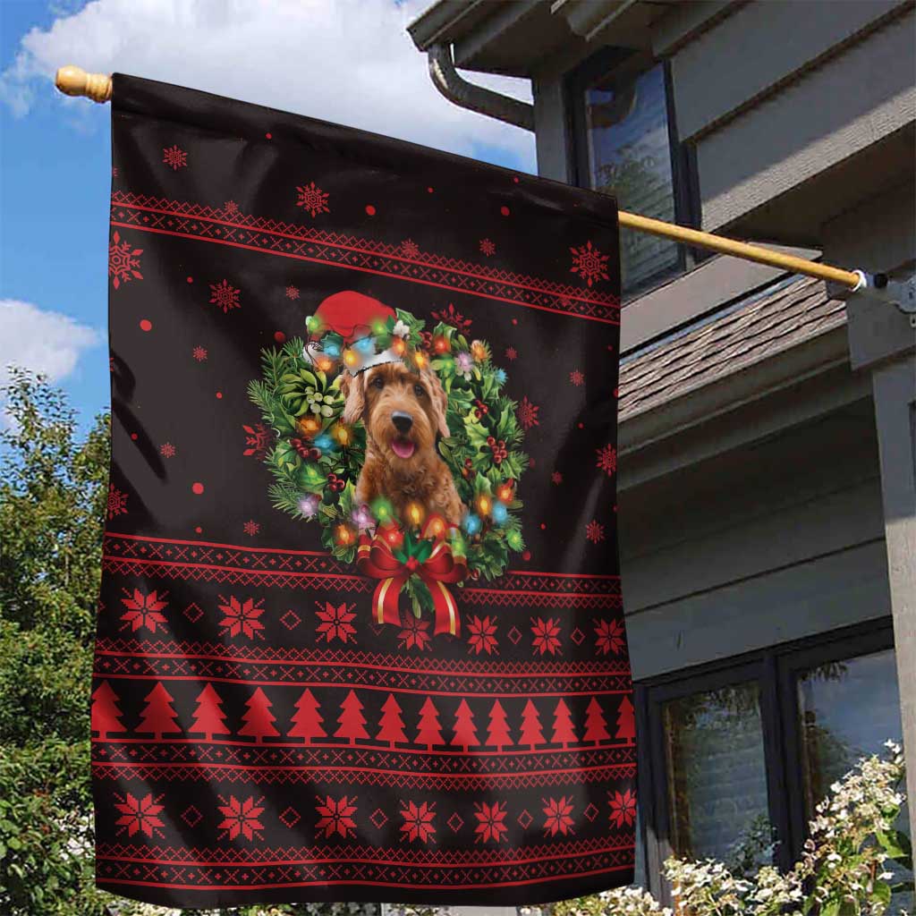 Wreath and Santa Dog in Red Garden Flag with Black Holiday Pattern Design - Wonder Print Shop