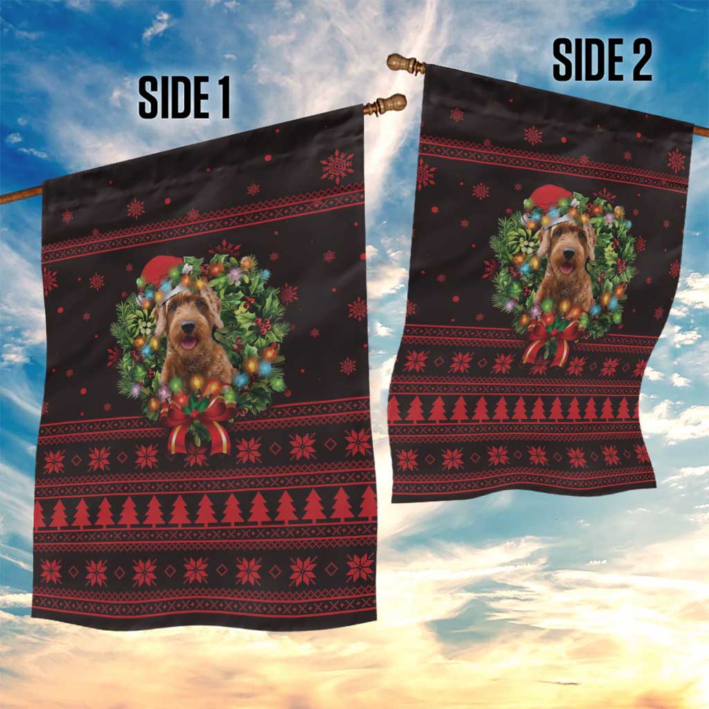 Wreath and Santa Dog in Red Garden Flag with Black Holiday Pattern Design - Wonder Print Shop