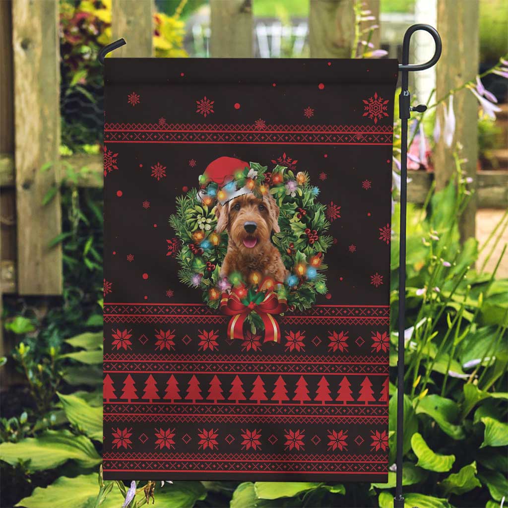 Wreath and Santa Dog in Red Garden Flag with Black Holiday Pattern Design - Wonder Print Shop