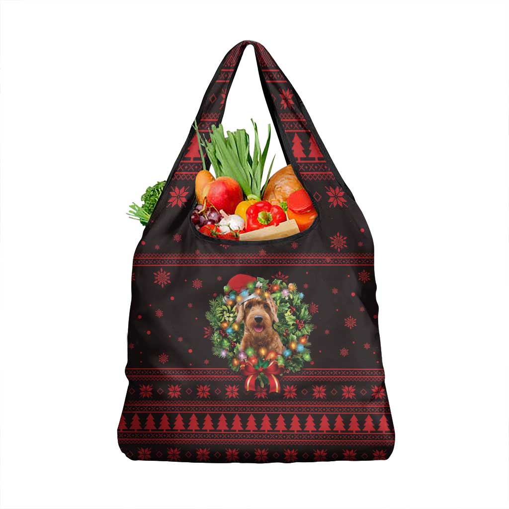 Wreath and Santa Dog in Red Grocery Bag with Black Holiday Pattern Design - Wonder Print Shop