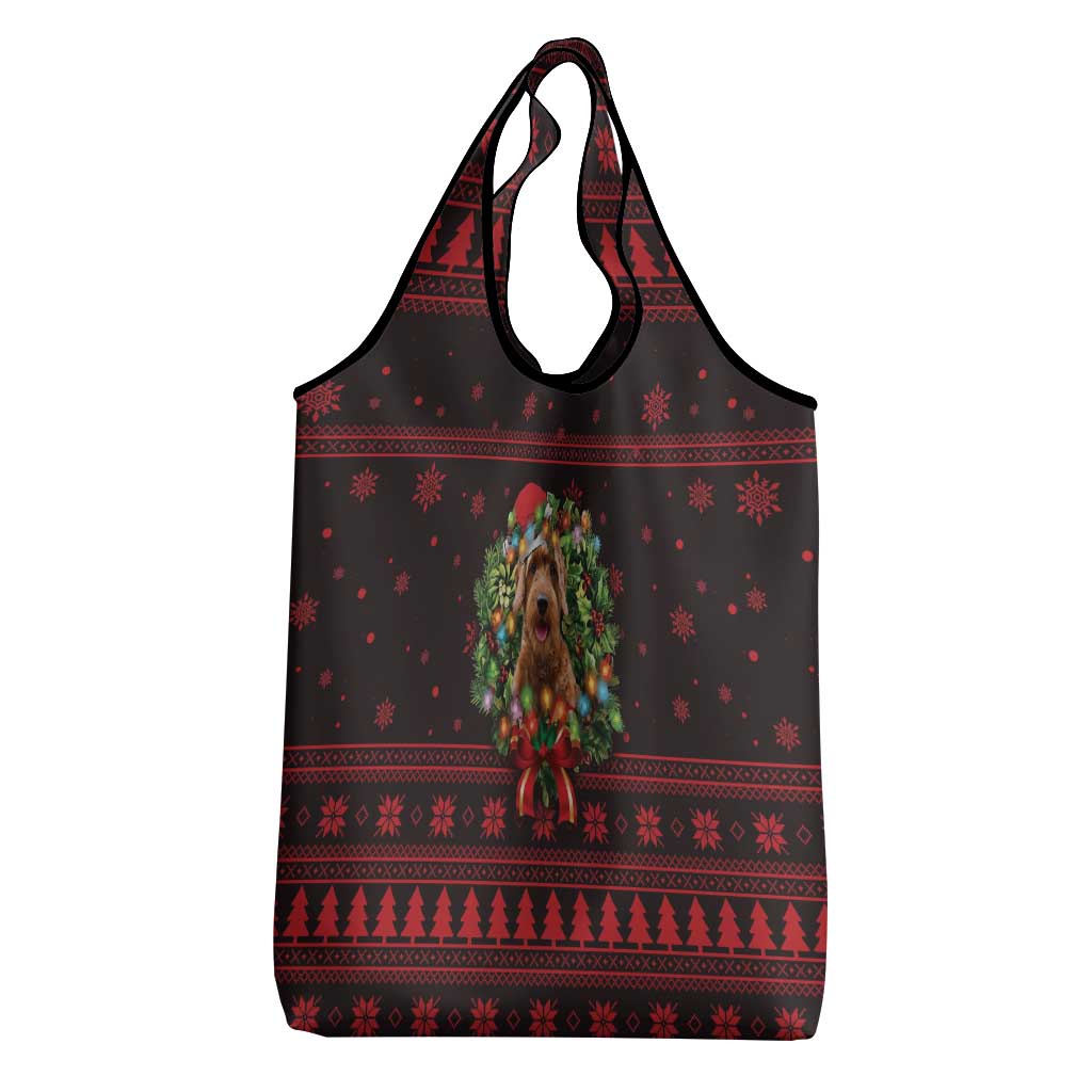 Wreath and Santa Dog in Red Grocery Bag with Black Holiday Pattern Design - Wonder Print Shop