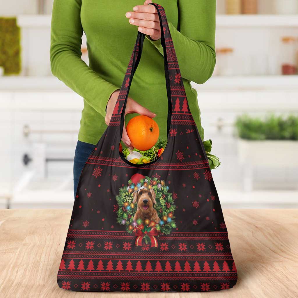 Wreath and Santa Dog in Red Grocery Bag with Black Holiday Pattern Design - Wonder Print Shop