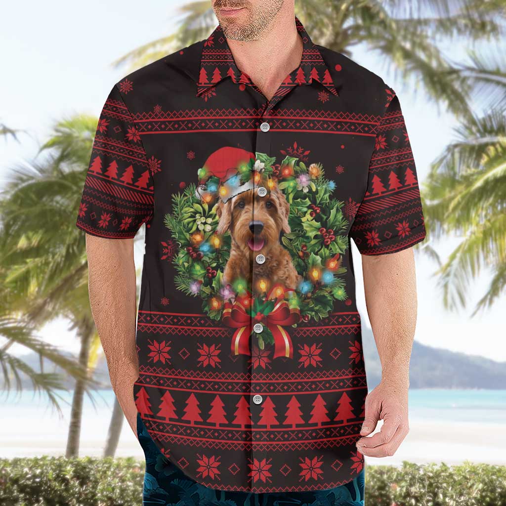 Wreath and Santa Dog in Red Hawaiian Shirt with Black Holiday Pattern Design - Wonder Print Shop