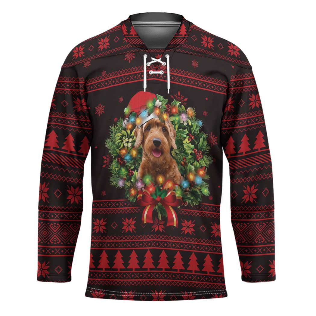 Wreath and Santa Dog in Red Hockey Jersey with Black Holiday Pattern Design - Wonder Print Shop