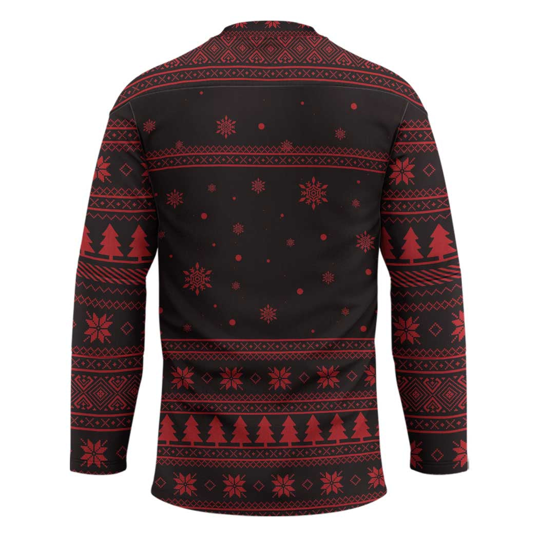 Wreath and Santa Dog in Red Hockey Jersey with Black Holiday Pattern Design - Wonder Print Shop