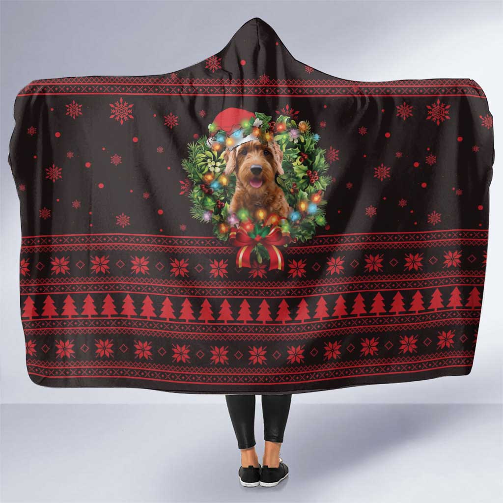Wreath and Santa Dog in Red Hooded Blanket with Black Holiday Pattern Design - Wonder Print Shop