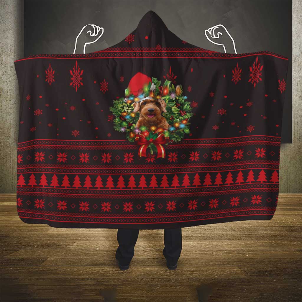 Wreath and Santa Dog in Red Hooded Blanket with Black Holiday Pattern Design - Wonder Print Shop