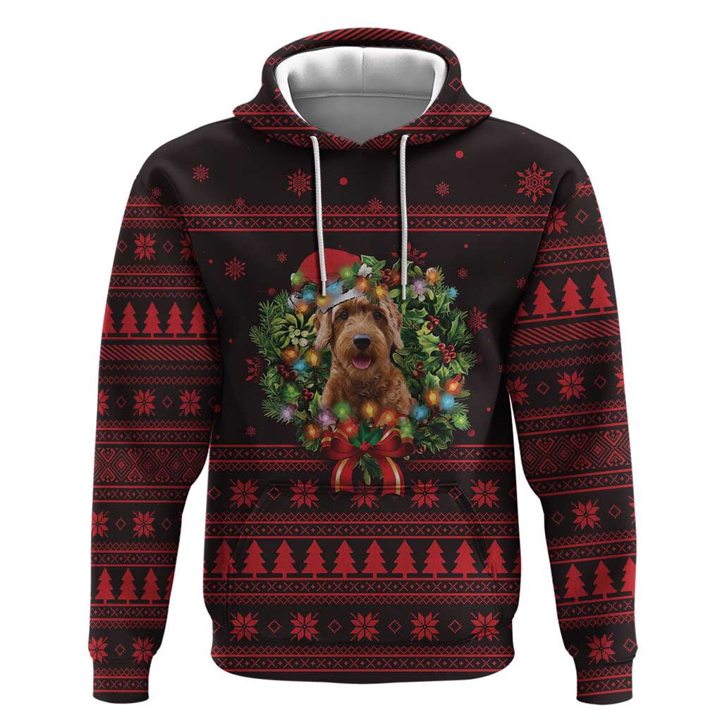 Wreath and Santa Dog in Red Hoodie with Black Holiday Pattern Design - Wonder Print Shop