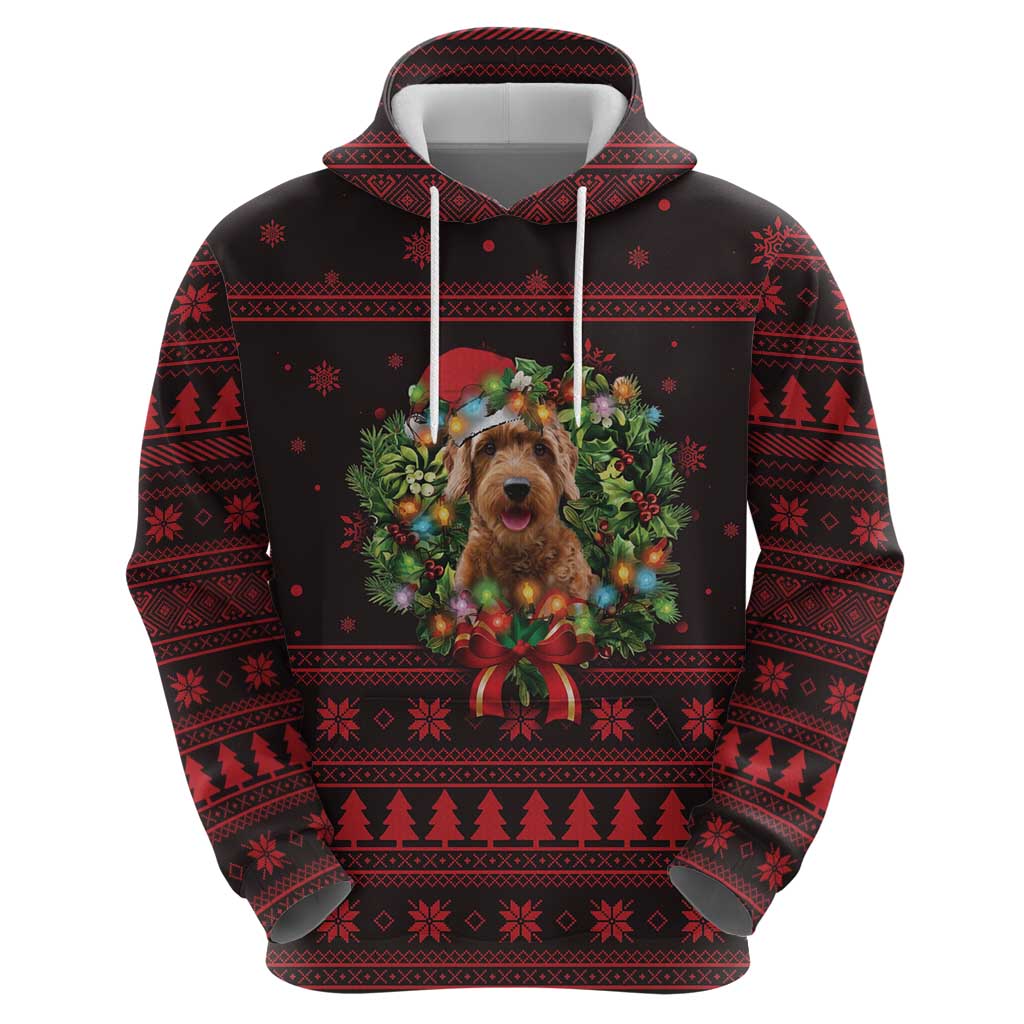 Wreath and Santa Dog in Red Hoodie with Black Holiday Pattern Design - Wonder Print Shop