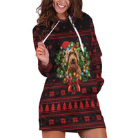 Wreath and Santa Dog in Red Hoodie Dress with Black Holiday Pattern Design - Wonder Print Shop