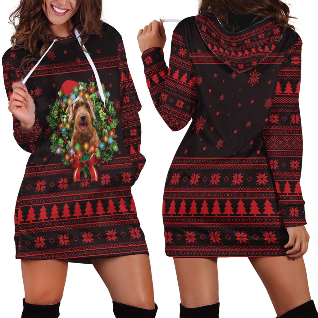 Wreath and Santa Dog in Red Hoodie Dress with Black Holiday Pattern Design - Wonder Print Shop