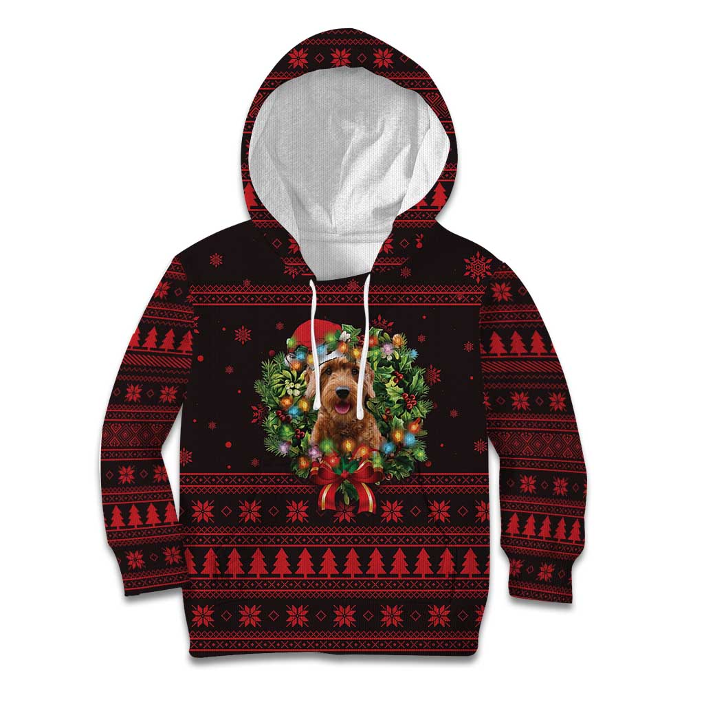 Wreath and Santa Dog in Red Kid Hoodie with Black Holiday Pattern Design - Wonder Print Shop
