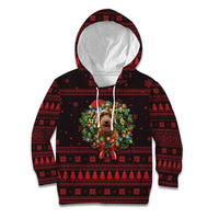 Wreath and Santa Dog in Red Kid Hoodie with Black Holiday Pattern Design - Wonder Print Shop