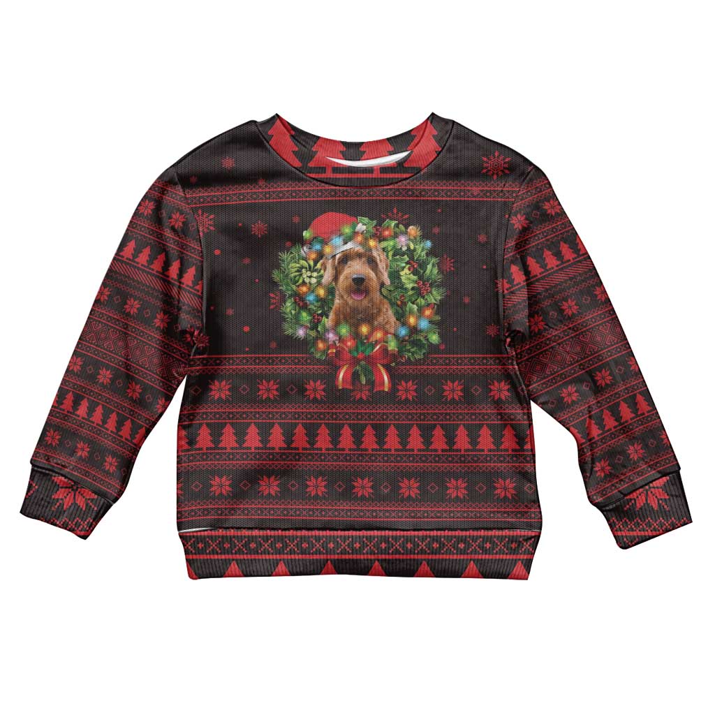 Wreath and Santa Dog in Red Kid Ugly Christmas Sweater with Black Holiday Pattern Design - Wonder Print Shop