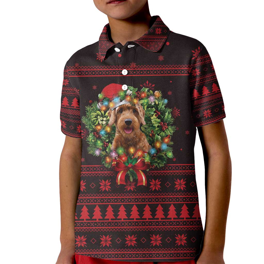 Wreath and Santa Dog in Red Kid Polo Shirt with Black Holiday Pattern Design - Wonder Print Shop