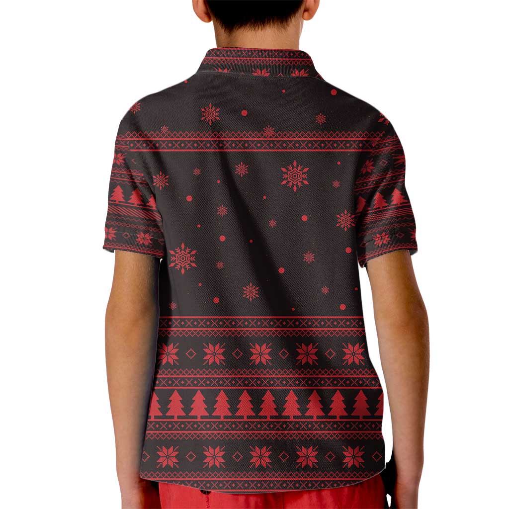 Wreath and Santa Dog in Red Kid Polo Shirt with Black Holiday Pattern Design - Wonder Print Shop