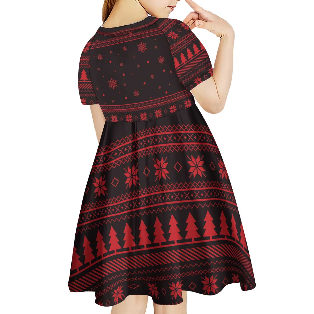 Wreath and Santa Dog in Red Kid Short Sleeve Dress with Black Holiday Pattern Design - Wonder Print Shop