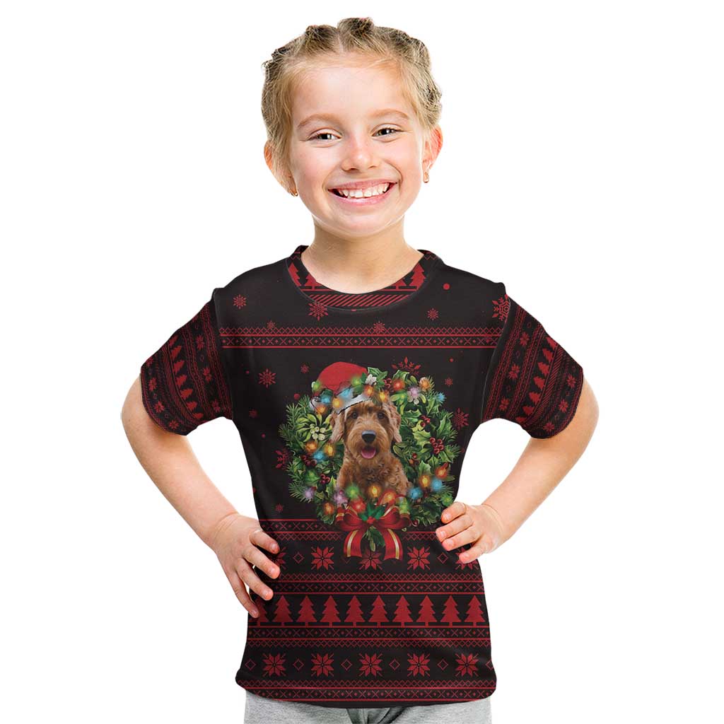 Wreath and Santa Dog in Red Kid T Shirt with Black Holiday Pattern Design - Wonder Print Shop