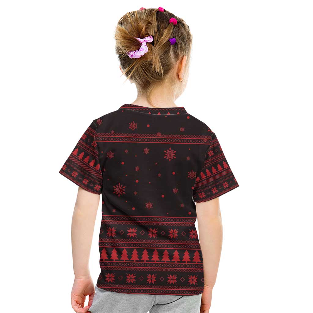 Wreath and Santa Dog in Red Kid T Shirt with Black Holiday Pattern Design - Wonder Print Shop